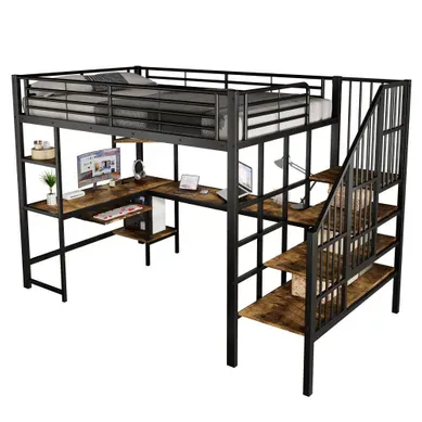 Lit Mezzanine 120 × 200 Cm Avec Port De Charge, Escalier D'angle Et Bureau, Noir Et Noyer Foncé