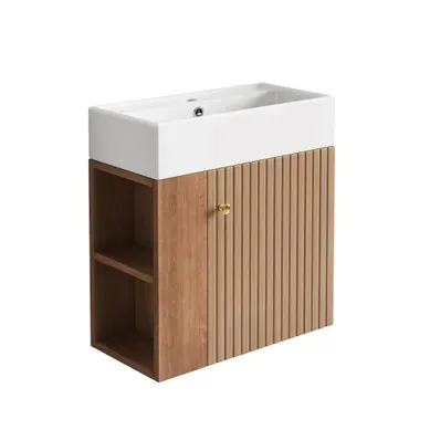 Meuble De Salle De Bain Suspendu Moderne, Vasque Et Sous-vasque, Rangement Compact, Mdf Brun Meuble De Salle De Bain Suspendu Moderne, Vasque Et Sous-vasque, Rangement Compact, Mdf Brun