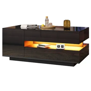 Table Basse Noire 95x50x34,5 Cm Plateau Relevable Avec Tiroir, Armoire Et LED Télécommandée Table Basse Noire 95x50x34,5 Cm Plateau Relevable Avec Tiroir, Armoire Et LED Télécommandée