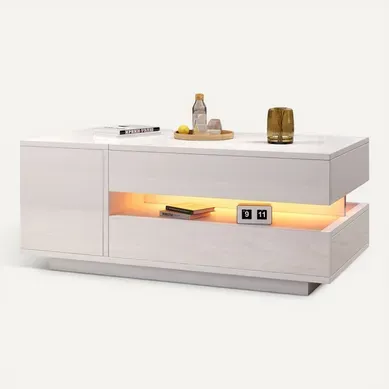 Table Basse élèveable Avec 1 Tiroir, 1 Armoire Et LED Télécommandée - 95x50x34,5 Cm - Mdf - Blanc Table Basse élèveable Avec 1 Tiroir, 1 Armoire Et LED Télécommandée - 95x50x34,5 Cm - Mdf - Blanc