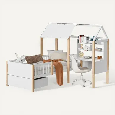 Lit Cabane Enfant 90x200 Cm, Bureau En L, Bibliothèque, Tiroirs à Roulettes, Barrière, Bois Blanc Lit Cabane Enfant 90x200 Cm, Bureau En L, Bibliothèque, Tiroirs à Roulettes, Barrière, Bois Blanc