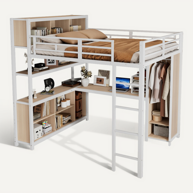 Lit Mezzanine 140×200 Cm Avec Bureau, Rangement Double Et Armoire Intégrée Blanc Lit Mezzanine 140×200 Cm Avec Bureau, Rangement Double Et Armoire Intégrée Blanc