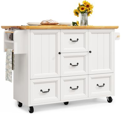 Îlot De Cuisine Extensible, Roulettes, étagères Réglables, Tiroirs, Porte-épices, Mdf/métal, Blanc