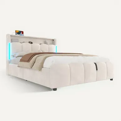 Lit Coffre 140x200 Cm Double Avec LED, USB, Capitonné Velours, Tête De Lit, Sommier Relevable Beige Lit Coffre 140x200 Cm Double Avec LED, USB, Capitonné Velours, Tête De Lit, Sommier Relevable Beige