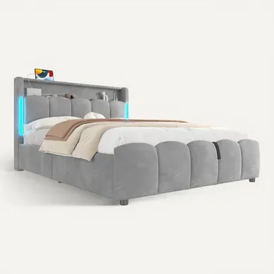 Lit Coffre 140x200 Cm Double Avec LED, USB, Capitonné Velours, Tête De Lit, Sommier Relevable Gris Lit Coffre 140x200 Cm Double Avec LED, USB, Capitonné Velours, Tête De Lit, Sommier Relevable Gris