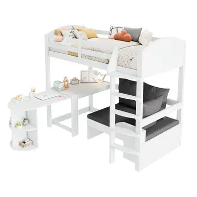 Lit Mezzanine Enfant 90×200 Cm Avec Bureau Coulissant, Canapé Coffre, étagères, Bois Blanc
