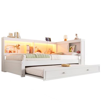 Lit Gigogne 90x200 Cm - Lit Tiroir Simple Avec LED Et Ports USB Intégrés - Bois Blanc Lit Gigogne 90x200 Cm - Lit Tiroir Simple Avec LED Et Ports USB Intégrés - Bois Blanc