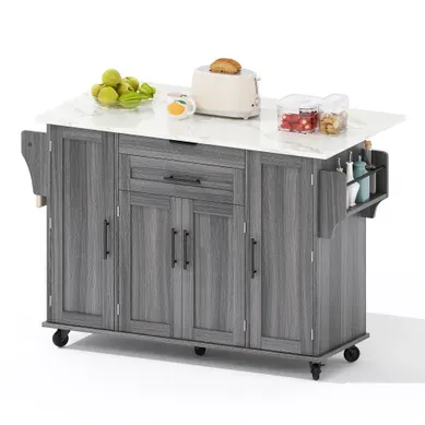 Îlot De Cuisine Extensible – Plan Rabattable, Tiroir à Couverts, étagères Réglables – Gris