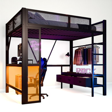 Lit Mezzanine 140x200 Cm - Bureau Et Armoire, Tiroirs De Rangement, LED Et USB, Métal Noir