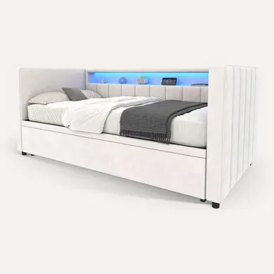 Lit Gigogne 90x190 Cm Avec Rangement, LED Et Port USB Type-c, Design Capitonné En Velours Beige Lit Gigogne 90x190 Cm Avec Rangement, LED Et Port USB Type-c, Design Capitonné En Velours Beige