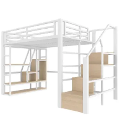 Lit Mezzanine 140×200 Cm, LED, étagères, Marches De Rangement Et Garde-corps, Blanc