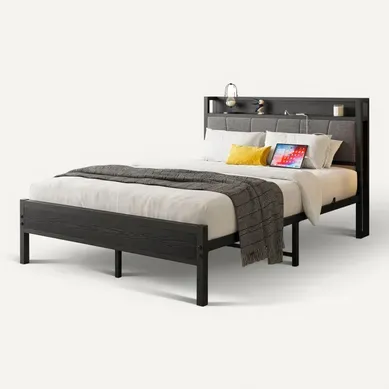 Lit Double 140x200 Cm Moderne - Lit En Métal Noir Avec Tête Capitonnée Et Ports USB