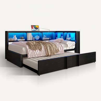 Lit Gigogne 90x200 Cm - Avec Tiroirs De Rangement Et LED Intégrée - Métal, Mdf, Noir Lit Gigogne 90x200 Cm - Avec Tiroirs De Rangement Et LED Intégrée - Métal, Mdf, Noir