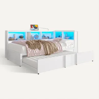 Lit Gigogne 90x200 Cm - Avec Tiroirs De Rangement Et LED Intégrée - Métal, Mdf, Blanc Lit Gigogne 90x200 Cm - Avec Tiroirs De Rangement Et LED Intégrée - Métal, Mdf, Blanc