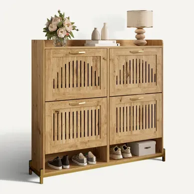 Meuble à Chaussures 4 Portes, Persiennes, Cadre Métal, étagères Intérieures, Bois Meuble à Chaussures 4 Portes, Persiennes, Cadre Métal, étagères Intérieures, Bois
