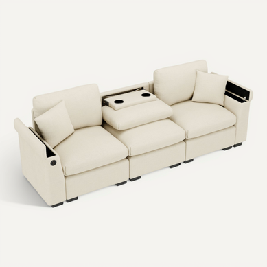 Canapé 3 Places Avec Accoudoirs à Rangement, USB Et Porte-gobelets, Revêtement Chenille Beige Canapé 3 Places Avec Accoudoirs à Rangement, USB Et Porte-gobelets, Revêtement Chenille Beige
