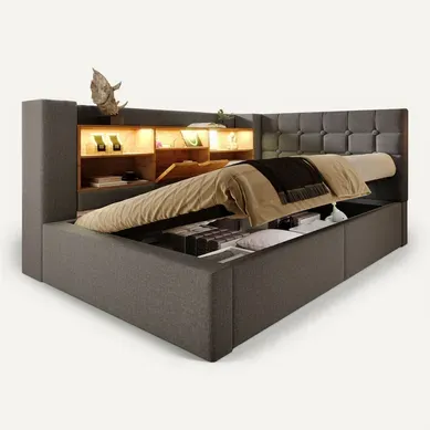 Lit Coffre 90×190 cm, Capitonné Simple Ado, LED, Ports USB Type-c, Tête De Lit Rangement, Lin Gris