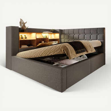 Lit Coffre 140×190 cm, Capitonné Double, LED, Ports USB Type-c, Tête De Lit Rangement, Lin Gris Lit Coffre 140×190 cm, Capitonné Double, LED, Ports USB Type-c, Tête De Lit Rangement, Lin Gris