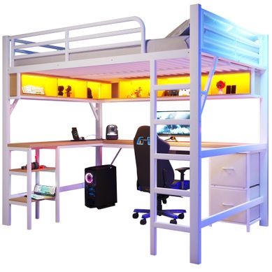 Lit Mezzanine 140×200 Cm Avec Bureau, Rangements, Bibliothèque, USB Et LED, Blanc Lit Mezzanine 140×200 Cm Avec Bureau, Rangements, Bibliothèque, USB Et LED, Blanc