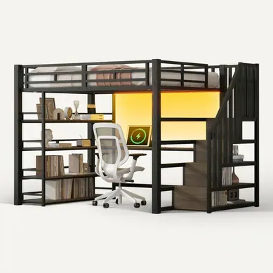 Lit Mezzanine 140×200 Cm Avec Escalier, Bureau, Rangements, USB Et LED, Noir Lit Mezzanine 140×200 Cm Avec Escalier, Bureau, Rangements, USB Et LED, Noir
