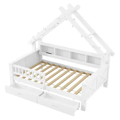 Lit Cabane 90×200 Cm, LED, étagères Et 2 Tiroirs, Avec Barrière, Bois, Blanc