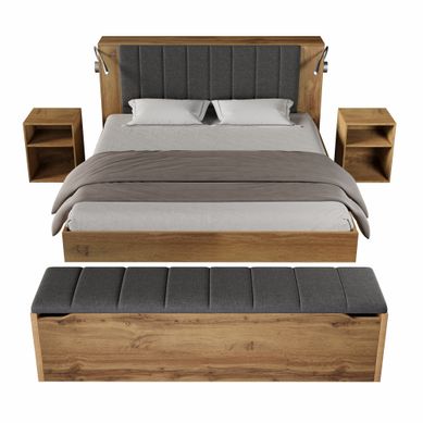 Lit Adulte 180×200 Cm, Lampes De Lecture USB, Tables De Chevet Et Banc Coffre, Tissu, Bois-clair Lit Adulte 180×200 Cm, Lampes De Lecture USB, Tables De Chevet Et Banc Coffre, Tissu, Bois-clair