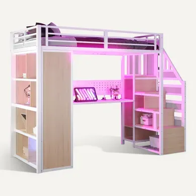 Lit Mezzanine 90×200 Cm Avec Bureau, Escalier, Armoire, LED Et Panneau Perforé, Blanc Lit Mezzanine 90×200 Cm Avec Bureau, Escalier, Armoire, LED Et Panneau Perforé, Blanc