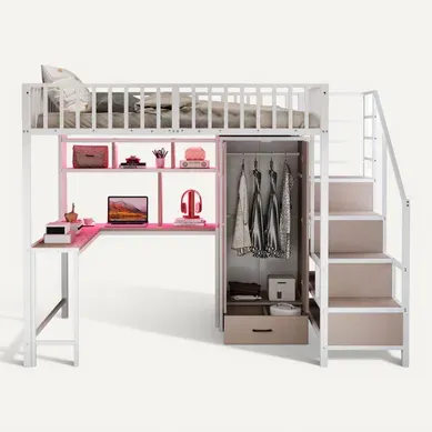 Lit Mezzanine 140×200 Cm, Bureau, Armoire, Tiroirs, LED, USB Et Type-c, Métal, Blanc Lit Mezzanine 140×200 Cm, Bureau, Armoire, Tiroirs, LED, USB Et Type-c, Métal, Blanc