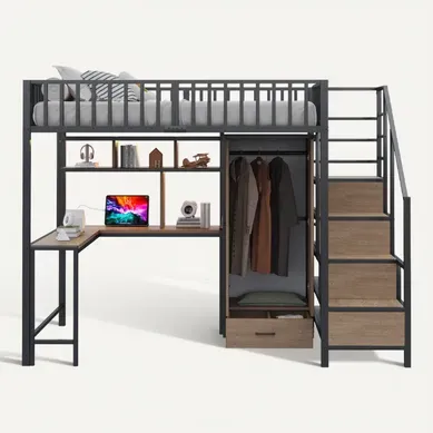 Lit Mezzanine 140×200 Cm Avec Bureau, Armoire, Tiroirs, LED, USB Et Type-c, Noir