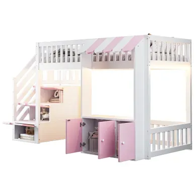 Lit Mezzanine 90×200 Cm Avec Escalier De Rangement, LED Multicolore, Bois, Rose Et Blanc