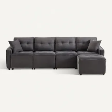 Canapé Droit 4 Places Avec Coffre Et Pouf En Velours Côtelé Gris 280 X 146 X 85 Cm Canapé Droit 4 Places Avec Coffre Et Pouf En Velours Côtelé Gris 280 X 146 X 85 Cm