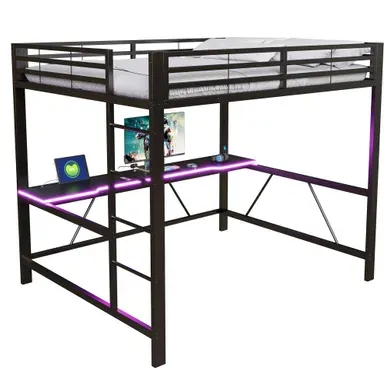 Lit Mezzanine 160×200 Cm Avec Bureau, LED Et USB, Barrières De Sécurité, Noir