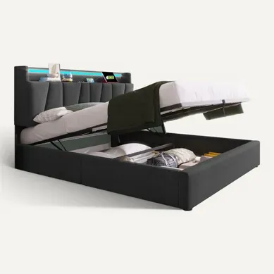 Lit Coffre Lit Double Avec USB, Port C Et LED 140 X 190 Cm Matelas Non Inclus Gris