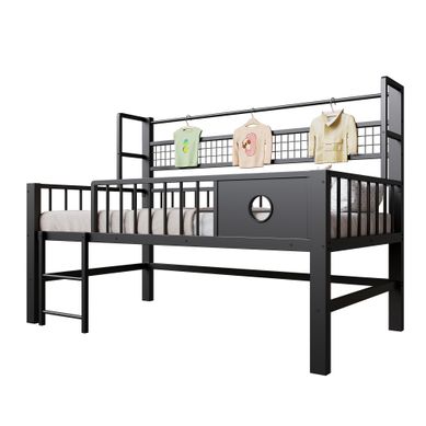 Lit mi-haut 90×200 Cm Avec Barrières Hautes, Penderie Et étagère Filet, Métal, Noir