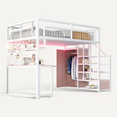 Lit Mezzanine 140×200 Cm, Escalier, Bureau, Penderie, LED Et Prise, Blanc Lit Mezzanine 140×200 Cm, Escalier, Bureau, Penderie, LED Et Prise, Blanc