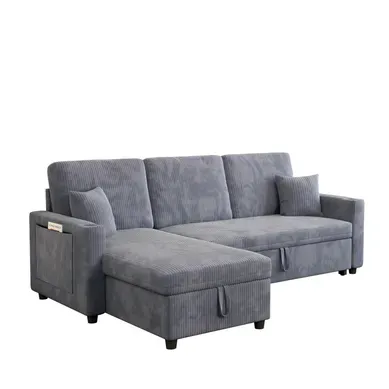 Canapé D'angle Convertible Modulable Avec Rangement, USB Et Porte-gobelets, Velours Côtelé Gris