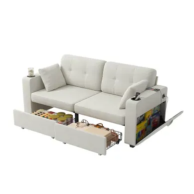 Canapé Droit 2 Places Avec Tiroirs De Rangement, USB Et Porte-gobelets, Chenille Beige172X75X82Cm Canapé Droit 2 Places Avec Tiroirs De Rangement, USB Et Porte-gobelets, Chenille Beige172X75X82Cm