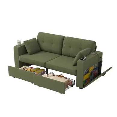 Canapé Droit 2 Places Avec Tiroirs De Rangement, Ports USB Et Porte-gobelets, Chenille Olive Canapé Droit 2 Places Avec Tiroirs De Rangement, Ports USB Et Porte-gobelets, Chenille Olive