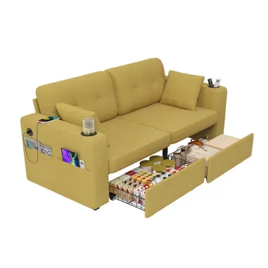 Canapé Droit 2 Places Avec Rangement, USB, Porte-gobelets Et Poches, Chenille Jaune Moutarde Canapé Droit 2 Places Avec Rangement, USB, Porte-gobelets Et Poches, Chenille Jaune Moutarde