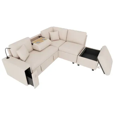 Canapé D'angle Convertible Avec Coffre, Tablette Rabattable, USB Et Lumière, Lin Beige