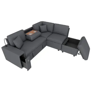 Canapé D'angle Convertible Avec Table Rabattable, USB, Type-c, Lin Gris 213 X 184 X 88 Cm