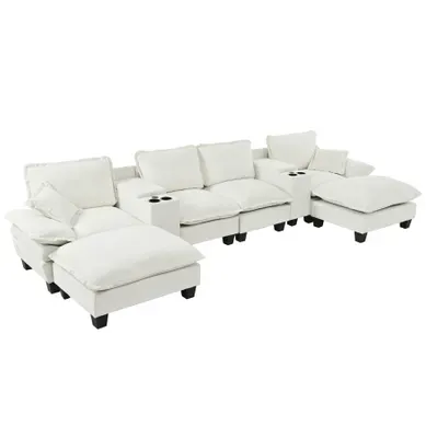 Canapé Panoramique En U Modulable Avec Rangement, USB Et Porte-gobelets, Chenille Beige