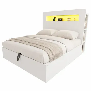 Lit Coffre 140×200 Cm, Hydraulique, LED, Prises Intégrées Et Rangements, Bois Blanc