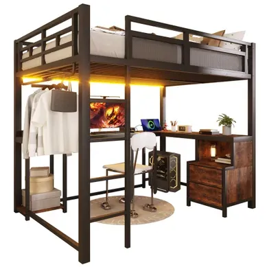 Lit Mezzanine 140×200 Cm Avec Bureau, étagères, LED Et USB, Style Industriel, Noir