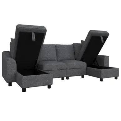 Canapé Panoramique En U - 2 Places - Rangement Et 2 Coussins - Chenille - Gris Canapé Panoramique En U - 2 Places - Rangement Et 2 Coussins - Chenille - Gris