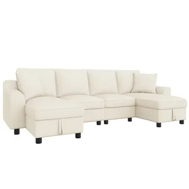 Canapé Panoramique En U - 2 Places - Méridiennes Avec Rangement - Chenille - Beige Canapé Panoramique En U - 2 Places - Méridiennes Avec Rangement - Chenille - Beige