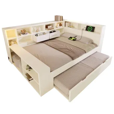 Lit Gigogne 140 × 200 Cm Et 90 × 190 Cm Avec Rangements, USB Et Type-c, Bois Blanc Lit Gigogne 140 × 200 Cm Et 90 × 190 Cm Avec Rangements, USB Et Type-c, Bois Blanc