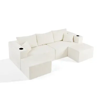 Canapé Compressé Modulable En L - 3 Places - Ottomanes Mobiles - Velours Côtelé - Beige Canapé Compressé Modulable En L - 3 Places - Ottomanes Mobiles - Velours Côtelé - Beige