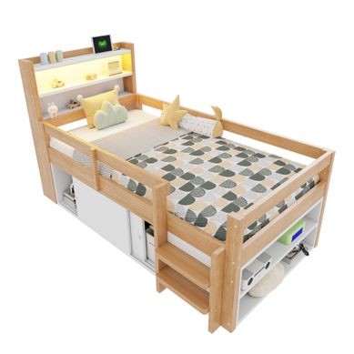 Lit Mezzanine 200 × 90 Cm Avec Rangements, Portes Coulissantes, LED Et USB, Bois Naturel Lit Mezzanine 200 × 90 Cm Avec Rangements, Portes Coulissantes, LED Et USB, Bois Naturel