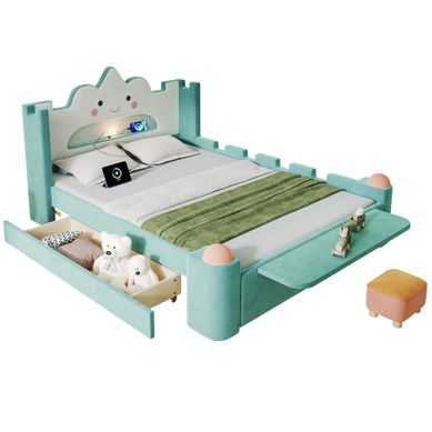 Lit Enfant 140 × 200 Cm Avec Lampe LED, USB, Tiroir Et Tablette Rabattable, Velours Bleu-vert
